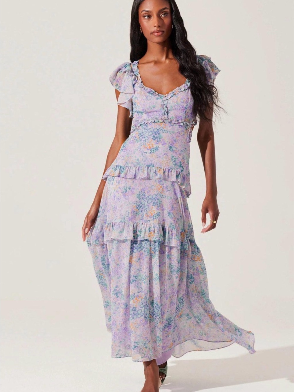 ASTR The Label Mable Floral Tiered Ruffle Maxi Dress Lilac Green M